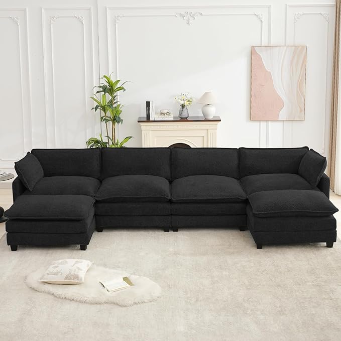 ROWHY Oversized Modular Sectional Couch with 2 Movable Ottoman, 148" Modern Convertible U Shaped Sofa Set, 4 Seat Comfy Cloud Couch with 2 Throw Pillows, for Living Room, Chenille, Black