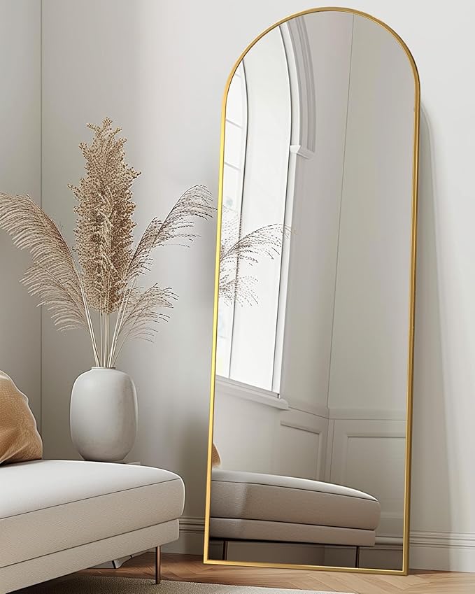 Full Length Mirror, 58"x18" Arched Floor Mirror Freestanding, Floor Standing Full Body Mirror with Stand for Bedroom, Hanging Mounted for Living Room Cloakroom, Gold