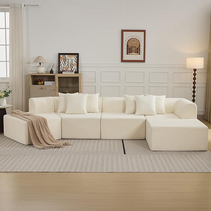 140''Oversized Cloud Velvet Curved Sectional Couch, Boneless Couch with L-Shape Chaise, Upholstered Compression Memory Foam Modular Sectional Sofa for Living Room, No Assembly Required, Beige