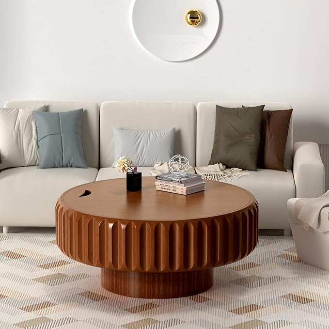 31.5" Drum Coffee Table with Storage Modern Unique Fluted Tea Table Contemporary Wood Round Coffee Table Center Table for Living Room Apartment (brown-31.5in)