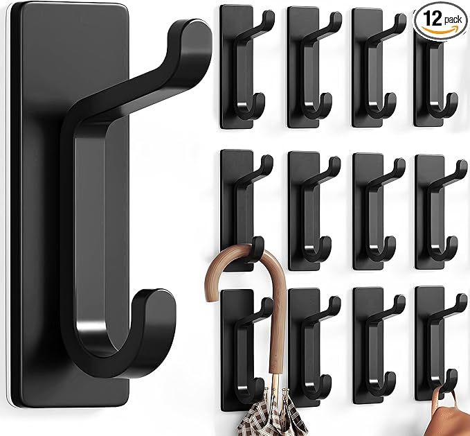 pickpiff 12 Pack Wall Hooks for Coat and Towel: 13LB Adhesive Door Hanger Stick on, Black