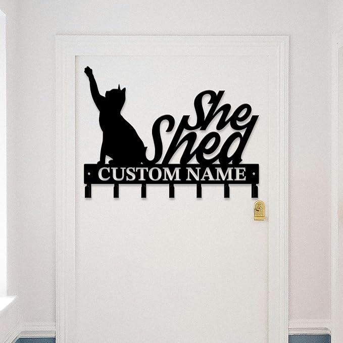 Personalized She Shed Keys Hooks,Custom Name Metal She Shed Art Keys Hooks,Metal She Shed Lover Wall Home Storage Decorative Keys Hooks,Key Holder Hooks for Wall (Style J)