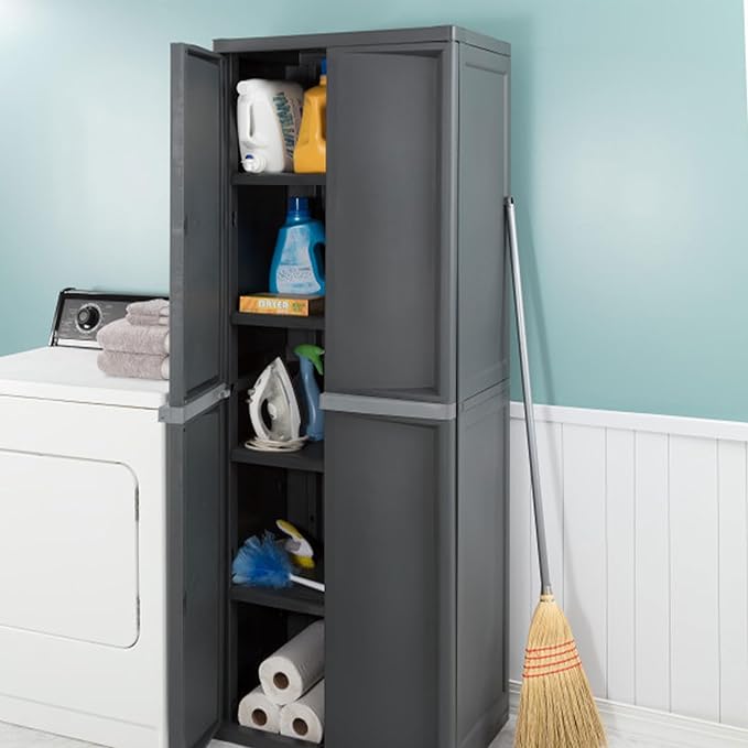 Sterilite 4 Shelf Cabinet, Lockable Utility Storage w/ Adjustable Shelves, Gray - Plastic Shelving Unit for Organizing Garage, Pantry, Basement, Laundry Room or Mudroom