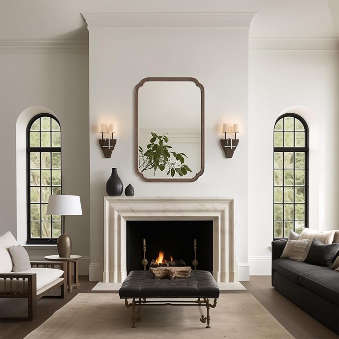 WallBeyond Wood Bathroom Mirror for Wall Mounted with Rounded Corner Wood Frame for Entryway, Living Room or Bedroom Home Decor Vertical or Horizontal Hanging [24" x 36" Walnut Color]