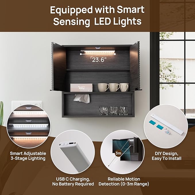 Bathroom Storage Cabinet with Motion Sensor LED Light, Wooden Medicine Cabinet Wall Mounted Cupboard with Disposable Face Towels Hole, Over Toilet Storage Cabinet and Adjustable Shelf (Grey)