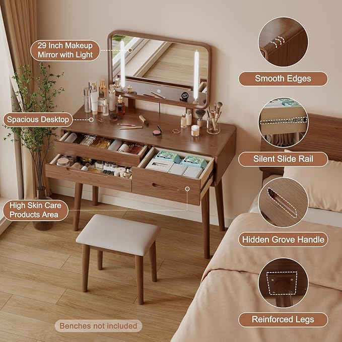 Solid Wood Vanity Desk with Mirror and Lights,Adjustable Height and Brightness, Makeup Vanity with 3 Drawers,Semi-Assembled,Dressing Table for Bedroom (Walnut)