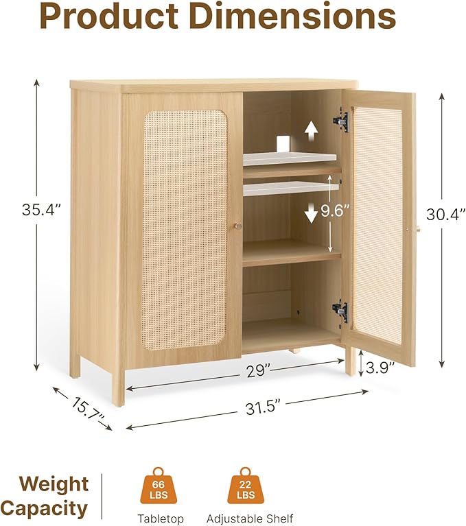 2 PCS Rattan Sideboard Buffet Cabinet 2 Door Boho Kitchen Storage Cabinet Accent Console for Living Room, Hallway, Kitchen, Sideboard, Buffet Table Natural Oak