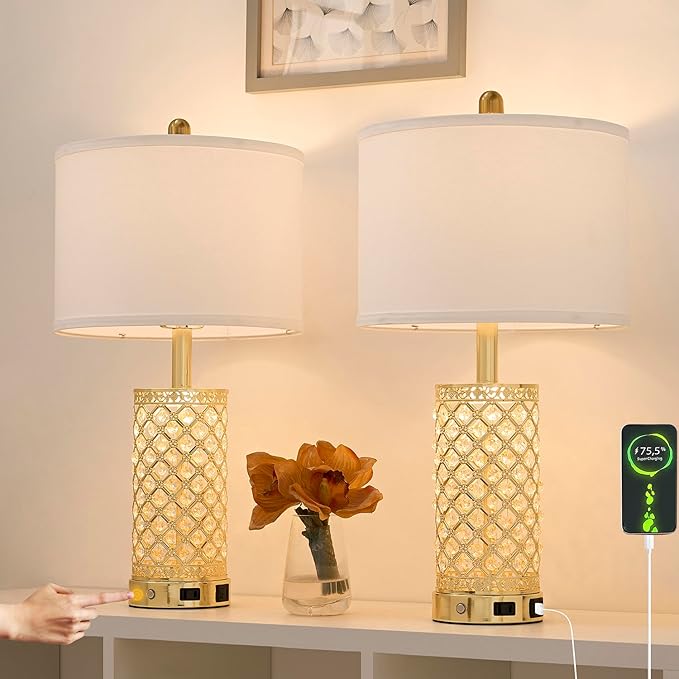 Crystal Table Lamps Modern 3-Way Dimmable Bedside Lamp with 2 USB Ports & AC Outlets for Living Room Bedroom Nightstand Lamp Night Light (Gold- 1 Pack 24In)