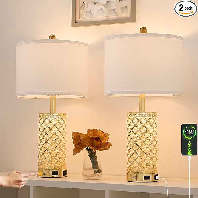 Crystal Table Lamp Set of 2-24in Gold Bedroom Lamps 3-Way Dimmable Touch Lamp with Night Light, 2 USB Ports + AC Outlet Bedside Night Stand Lamp for Living Room (Gold-2 Pack 24In)