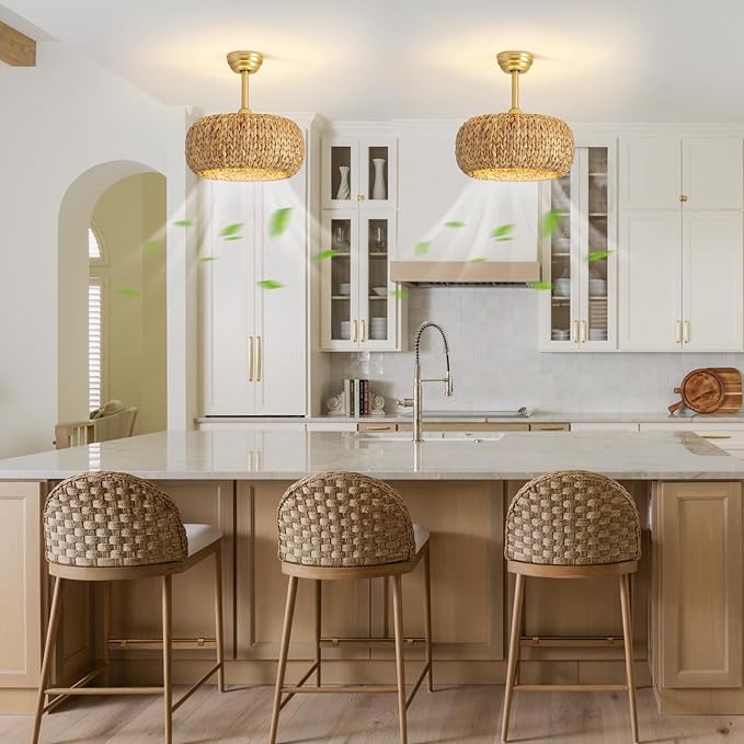 17.7" Caged Rattan Ceiling Fans with Lights, Boho Flush Mount Ceiling Fan with Light, Low Profile Chandelier 6 Speed Bladeless Reversible Ceiling Fan for Living Room Bedroom kitchen island dining room