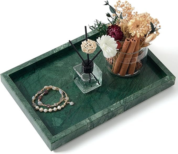 Green Marble Tray,Pure Natural Vanity Tray,Marble Trays for Kitchen Counter Non-Ceramic/Non-Resin,Stone Tray 12 x 8 inch