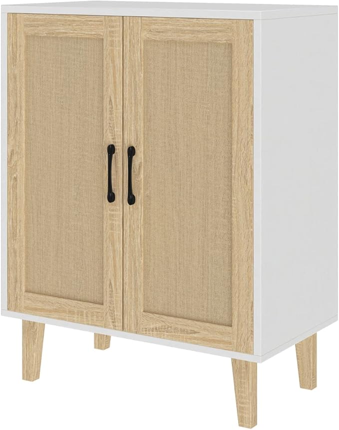 Panana Buffet Cabinet Sideboard with Rattan Decorated Doors Kitchen Storage Cupboard Accent Cabinet (White)