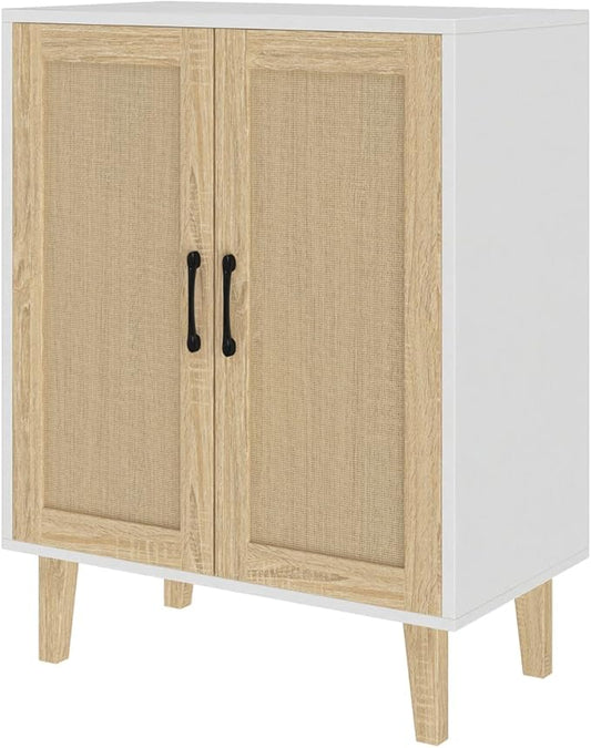 Panana Buffet Cabinet Sideboard with Rattan Decorated Doors Kitchen Storage Cupboard Accent Cabinet (White)