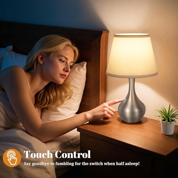 Seealle Touch Table Lamps for Nightstand Set of 2, 3-Way Dimmable Small Bedroom Lamps for Night Stands, Silver Bedside Lamps for Living Room, Kids Room, End Table(LED Bulbs Included)