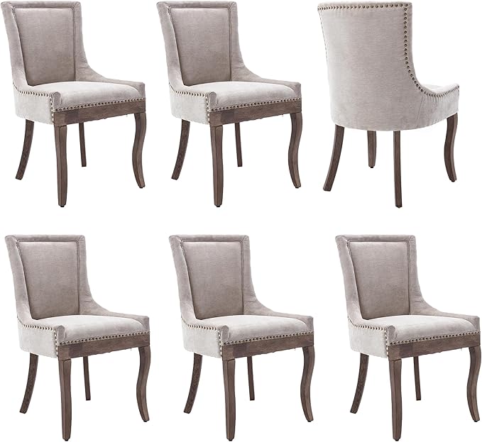 Farmhouse Dining Chairs Set of 6, Upholstered Fabric Dining Room Accent Chairs with Wood Legs & Bronze Nailhead, High Wingback Kitchen Chairs for Living Room Hotel Apartment, Beige