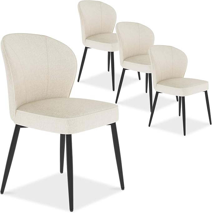 Dining Chairs Set of 4, Modern Fabric Dining Room Chairs with Curved Backrest Well-Padded Seat, Upholstered Kitchen Chairs for Living Dining Room, White