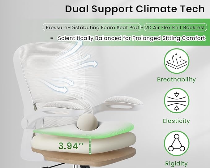 Ergonomic Office Chair, Comfy Desk Chair with Adjustable Lumbar Support, Mesh Computer Chair with Wheels, Flip-up Armrests, Swivel Rolling Executive Chair for Home Office, Gaming, White