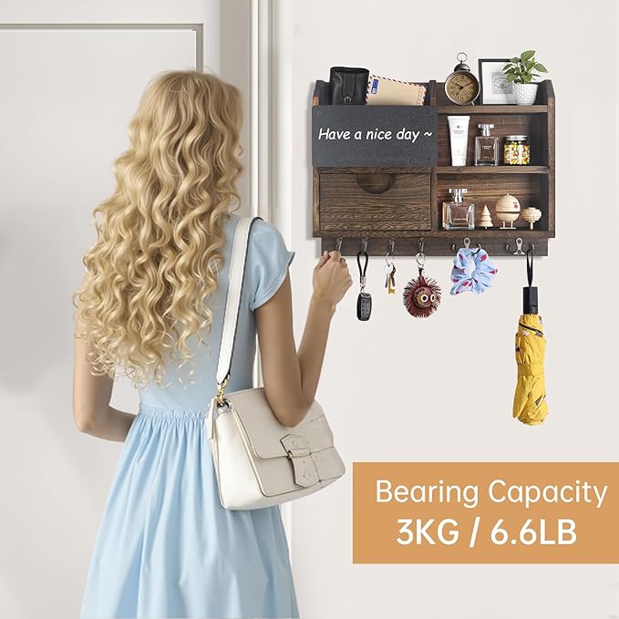 Key Holder Wall Mount, 14.5x11.2x3.5'' Larger 3-Tier Shelf 8 Hooks Drawer Storage,Wooden Key and Mail Holder for Wall,Farmhouse,Home,Living Room,House,Office Decor,Hats,Bag,Dog Leash Hanger Organizer