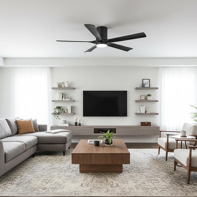 ELEHINSER 52 inch Low Profile Ceiling Fan with Light, 5 Solid Wood Blades, 6-Speeds, Quiet DC Motor, Timer, Flush Mount Modern Ceiling Fan with Remote for Living Room Bedroom, Black