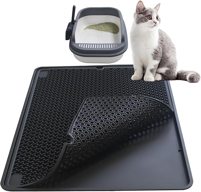 Cat Litter Mat Double Layer, Kitty Litter Box Mat Small Waterproof Urine Proof Trapping, Easy Clean, Silicone Cat Supplies & Accessories for Indoor Pets (Black, 19.68x14.96x0.39 in)