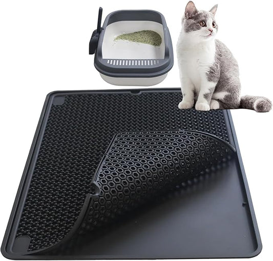 Cat Litter Mat Double Layer, Kitty Litter Box Mat Small Waterproof Urine Proof Trapping, Easy Clean, Silicone Cat Supplies & Accessories for Indoor Pets (Black, 19.68x14.96x0.39 in)