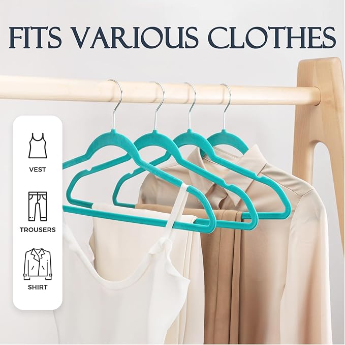 HOUSE DAY Mint Green Velvet Hangers 60 Pack, Non Slip Clothes Felt Hanger Heavy Duty for Coat, Premium Slim Space Saving Suit Hangers for Closet Organizer, 360° Rotating Silver Hook