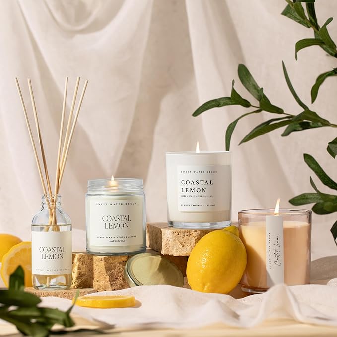 Sweet Water Decor Coastal Lemon Scented Candles - Soy Candles with Lemon, Sea Salt, & Driftwood for Home Decor - Candle Wax with 50 Hours Burn Time - 11Oz Wood Lid White Jar Candles for Home Scented