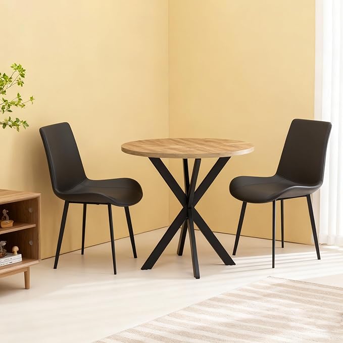 31.5" Round Dining Table and Chairs Set for 2, Small Dining Table Chairs Set Space-Saving, Round Table Set with Upholstered Chairs for Kitchen Dining Room Apartment(Natural + Black)