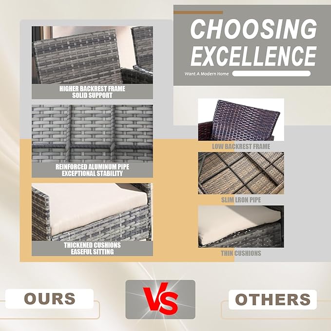 3 Pieces Patio Furniture Set, Outdoor Conversation Sets, Wicker Rattan Chairs for Garden Backyard Balcony Porch Poolside, Set with Glass Table and Soft Cushions (Brown+Beige)