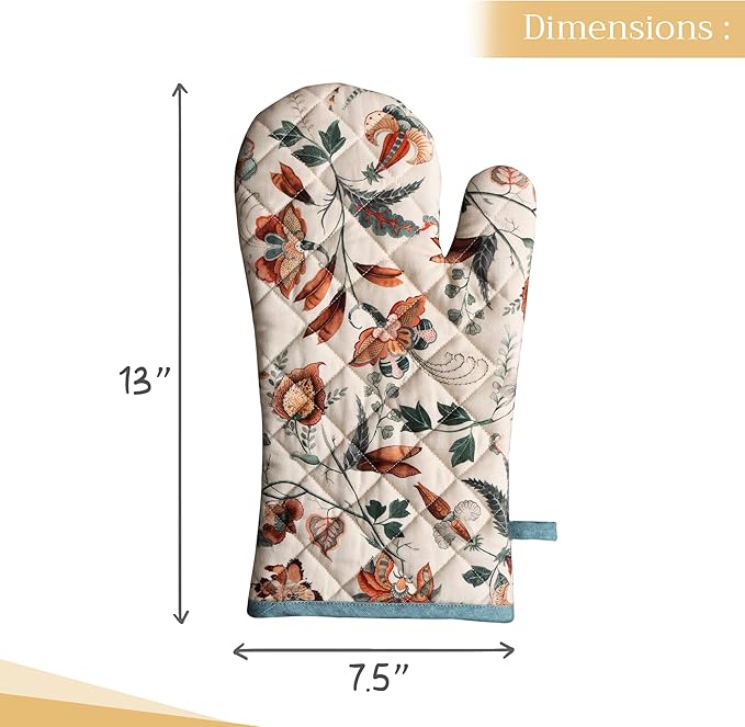 Maison d' Hermine Oven Gloves 100% Cotton Oven Mitt 7" x 13" with Loop Heat Resistant BBQ Cooking Gloves for Thanksgiving Christmas Decorations Baking Handling Hot Pans (Pack of 1, Dalida)