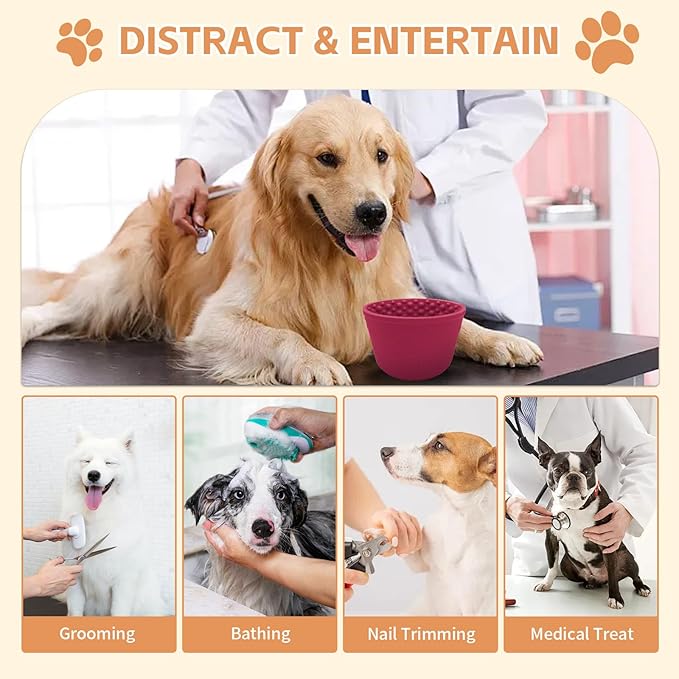 Dog Lick Bowl, Anxiety Relief Silicone Slow Feeder Treat Dispenser, Anti-chocking Pet Dish, Non-Slip Licking Bowl Interactive Entertainment Dog Puzzle Toy for Small & Medium-Dark Red