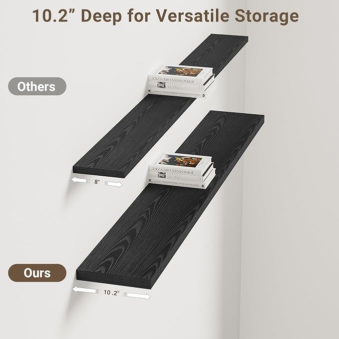 Vivelove 55 Inches Floating Shelves Wall Mounted, 10" Deep Wall Shelves for Bedroom, Bathroom, Living Room, Kitchen, Office, Home Decor, Modern Shelf, Set of 2, Black, 55x10.2x1.5