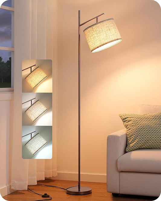 EDISHINE 64.7" Modern Minimalist Floor Lamps for Living Room with 3 Color Temperatures Bulb & Adjustable Linen Shade, Foot Pedal Switch, Tall Standing Lamp for Bedroom Office, Brown