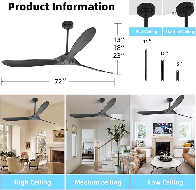 Ceiling Fan Without Light, 72 Inch Smart Wood Ceiling Fan no Lights, Compatible with Alexa/Google, 3 Natural Walnut Black Blades, Remote, Quiet Reversible DC Motor for Indoor Outdoor