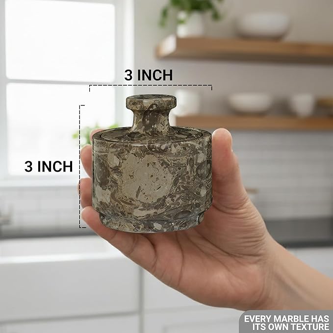 natural Marble Salt Cellar With Lid - Stone Salt Container And Stone Salt Holder, Spice Jars for Counter, Candy Jar & Spice Jar, Oceanic