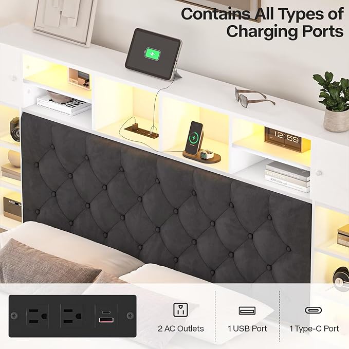 Queen Bed Frame with Bookcase Headboard and Storage Drawers, 51.2" Metal Platform Queen Size Bed Frame with Charging Station and LED Lights, Velvet Upholstered Tufted Bed Frames, White