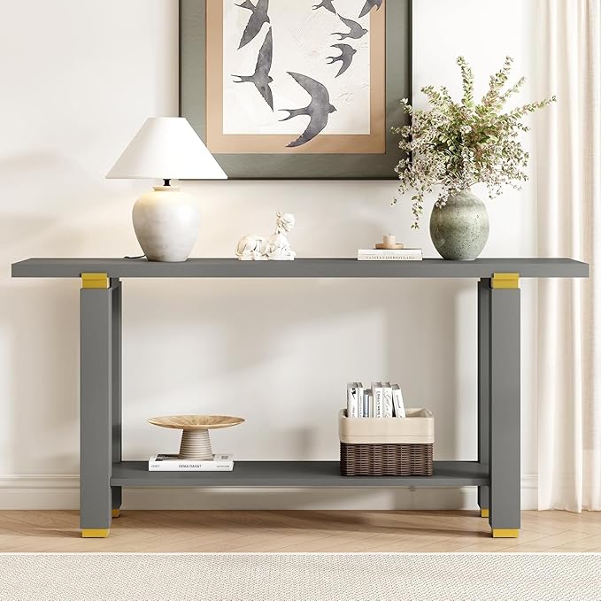 63" Modern Minimalist Console Table with Storage Shelf, Solid Wood Industrial Entryway Sofa Table with Metal Accents for Living Room, Hallway (Gray)