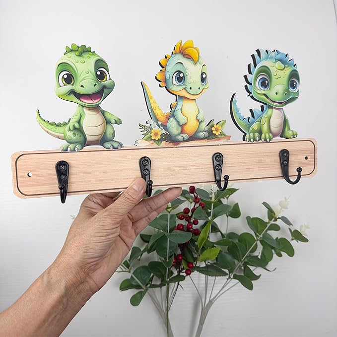 Dog Leash Holder for Wall Mount, Farmhouse Wooden Dog Claw Hooks, Paws Key Rack Accessories for Rustic Home Decor (Dinosaur)