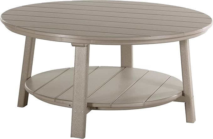 LuxCraft Deluxe Poly Round Outdoor Coffee Table, Two Tier Coffee Table, Round Conversation Tables for Outside Patio with Lower Shelf - Amish Made in USA (Weatherwood)