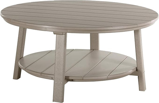 LuxCraft Deluxe Poly Round Outdoor Coffee Table, Two Tier Coffee Table, Round Conversation Tables for Outside Patio with Lower Shelf - Amish Made in USA (Weatherwood)