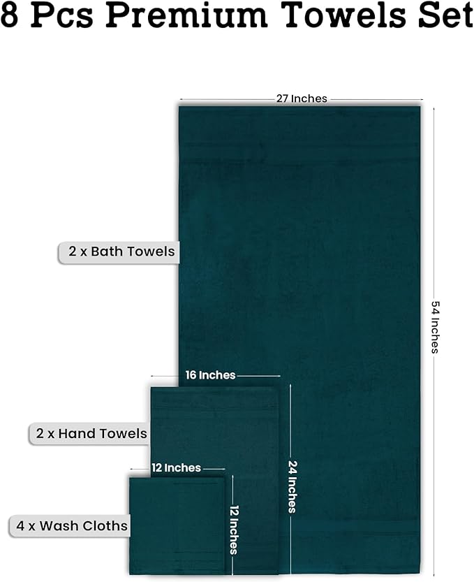 Casa Lino Bath Towel Set of 8 (2 Bath Towels, 4 Wash Cloths & 2 Hand Towels for Bathroom) - 100% Cotton - Highly Absorbent & Quick Dry - Guest Room Essentials for Bathroom Set - (Teal)