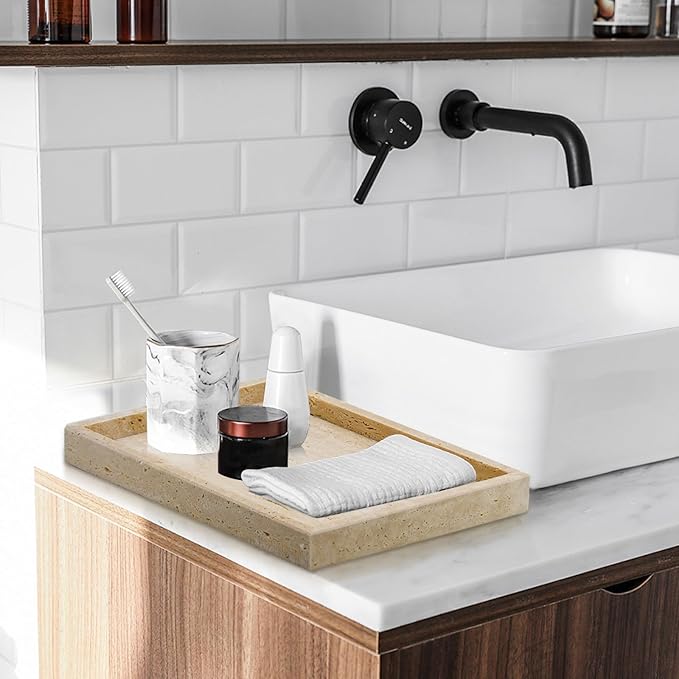 Travertine Tray,Bathroom Vanity Tray Non-Ceramic/Non-Resin,Marble Perfume Decorative Tray 12 x 8 inch (Travertine)