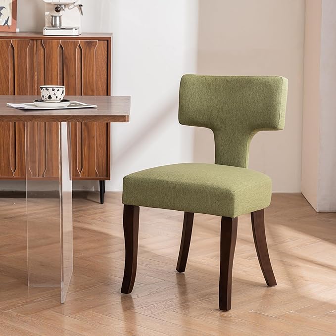 Mid Century Modern Dining Chairs Set of 4, Upholstered Side Dining Chairs with Curved Back Linen Fabric Armless Wood Chairs Kitchen & Dining Room Farmhouse Chairs (Green)