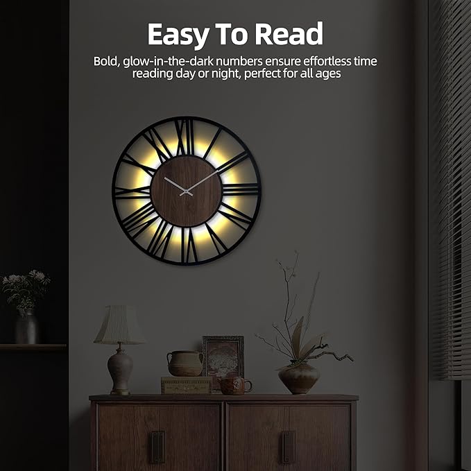 30 Inch Large Metal Wall Clock with Voice and Light Sensor Night Light, Glow in The Dark Non-Ticking Silent Battery Operated Decorative Oversized Wall Clock for Bedroom Living Room Decor