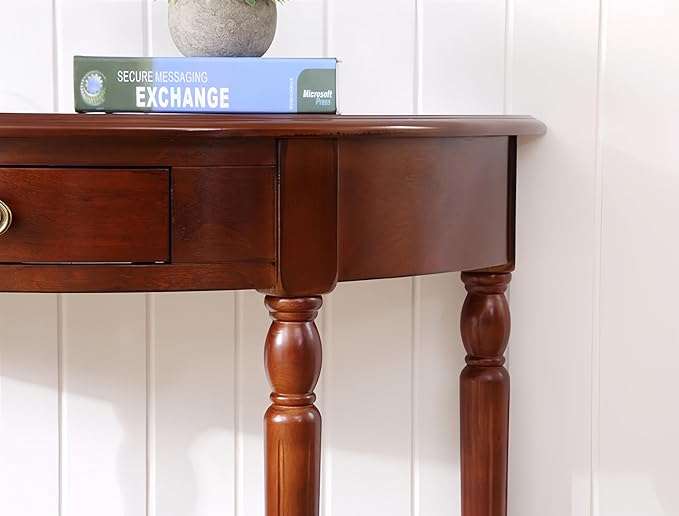 Solid Wood Console Table with Drawer, Semi-Circle Entryway Storage Shelf, Half-Moon Porch Table Side Elegant Vintage Sofa for Living Room (Walnut-Colored (35.4" L x 15.0" W x 34.4" H))