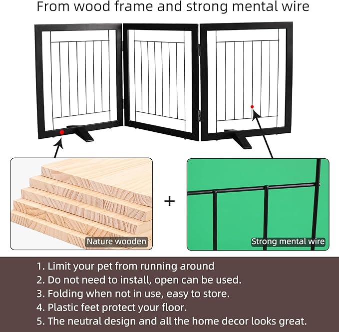 ZJSF Freestanding Dog Gate Indoor, Foldable Dog Fence for Doorways,Hallways or Stairs, Sturdy Wood Extra Wide Pet Gate with Support Feet,Black,32 "Height-3 Panels