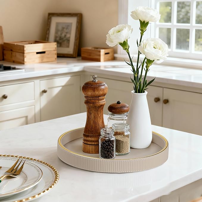 Round Decorative Tray for Coffee Table Decor, PU Leather Coffee Table Tray Golden Trim for Home Decor Living Room Dining Table, Perfume Trays Nightstand Organizer (Beige)