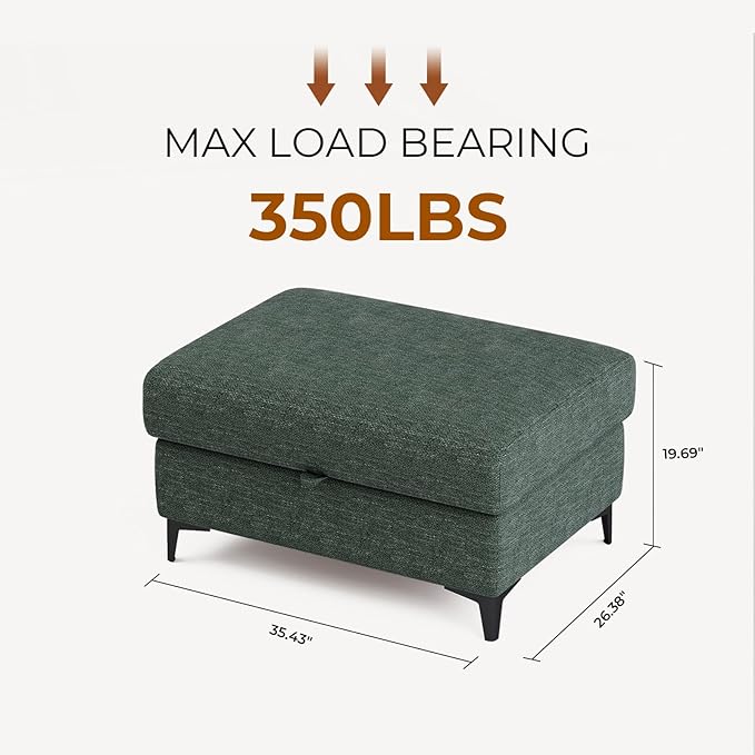 35" Large Storage Ottoman for Living Room, 7.8" Deep Seat Rectangular Ottoman Foot Rest for Couch, Chenille Storage Footstool Load 350 lb （Green）