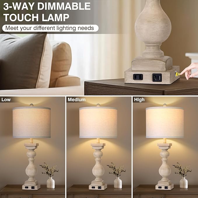 28" Tall Farmhouse Table Lamps Set of 2 with USB C+A Ports and AC Outlet, 3 Way Touch Tall Rustic Bedside Lamps for Living Room, Beige Vintage Lamps for Bedroom
