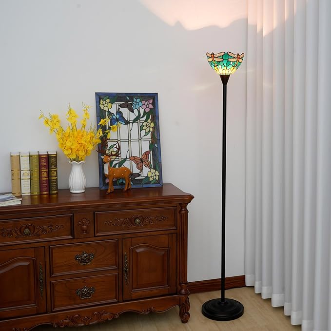 Tiffany Floor Lamp Tochiere Standing Green Dragonfly Style Stained Glass Floor Light Vintage Tall Pole Uplight Lamp Rustic Corner Lamp with Foot Switch for Home Decor Living Room Bedroom